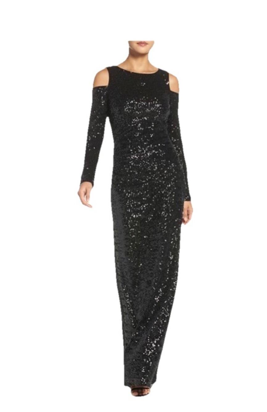 Vince Camuto Black Sequin Maxi Dress Women 4 Cold Shoulder Formal Evening Gown